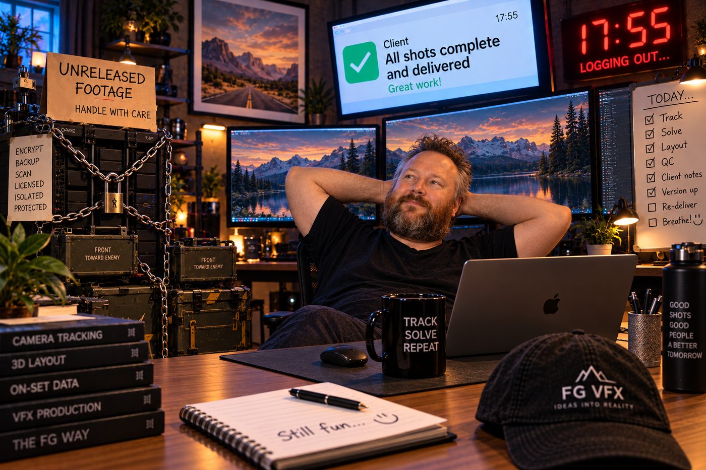 The same desk after delivery — every shot complete and delivered, the room calm, the notepad still reading "still fun"