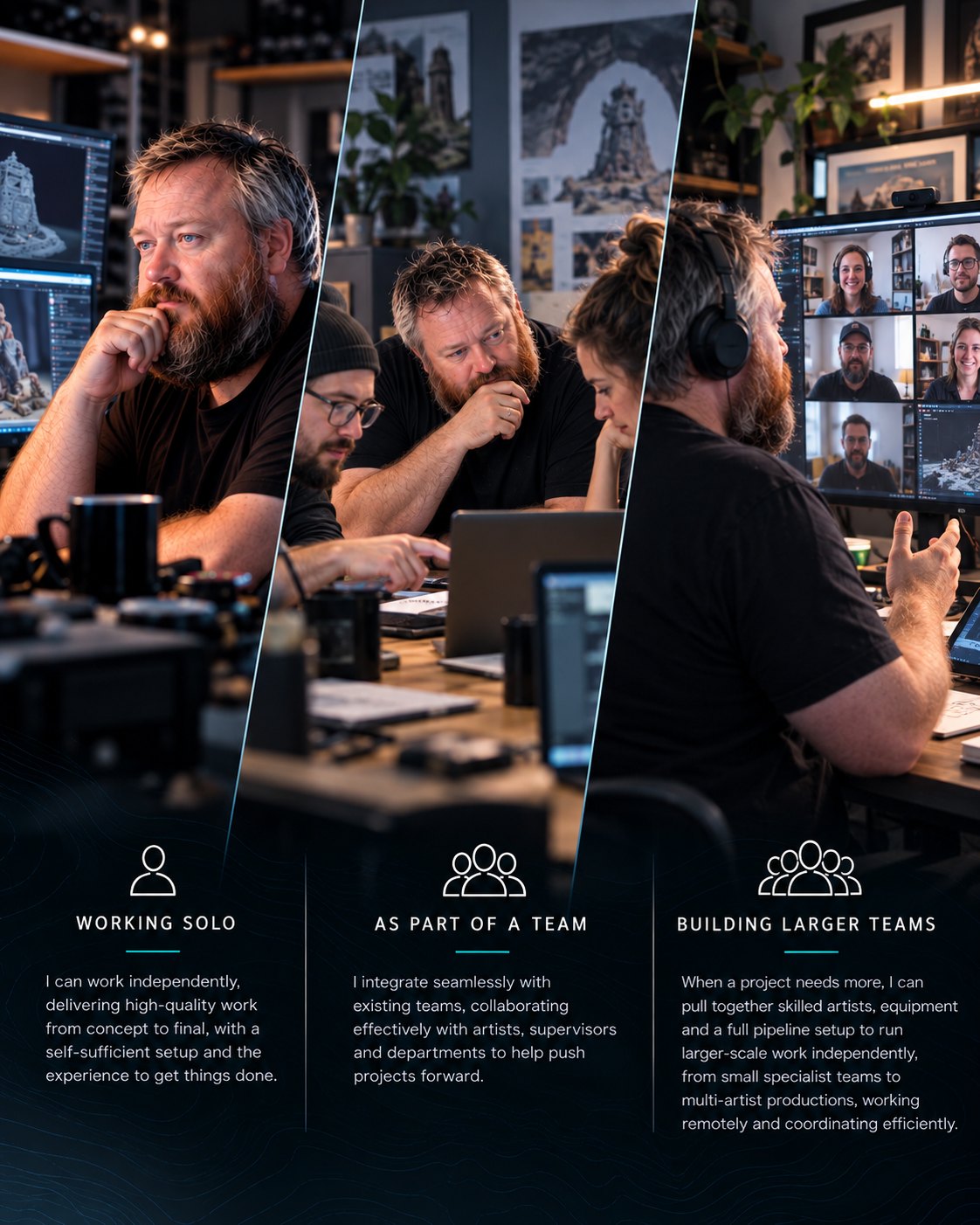 Chris three ways: working solo at his desk, reviewing work with a team, and running a larger remote team on a video call — captioned Working solo, As part of a team, Building larger teams